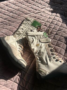 Cream Leather Lace-Up Combat Boots with Green Accents